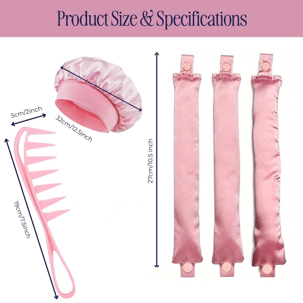 Set de Rizadores de Pelo Sin Calor | Kit para Rizos Perfectos Durante la Noche con Gorro de Satén, Coleteros y Pinzas para Cabello Largo y Mediano