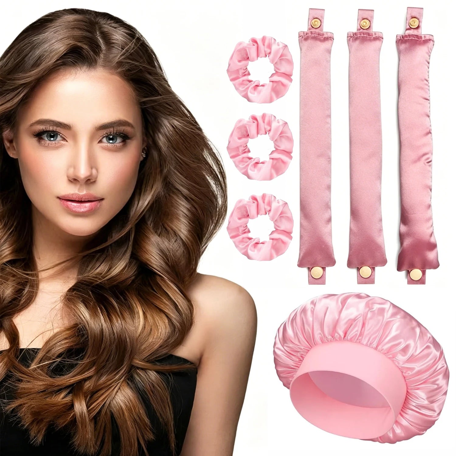 Set de Rizadores de Pelo Sin Calor | Kit para Rizos Perfectos Durante la Noche con Gorro de Satén, Coleteros y Pinzas para Cabello Largo y Mediano