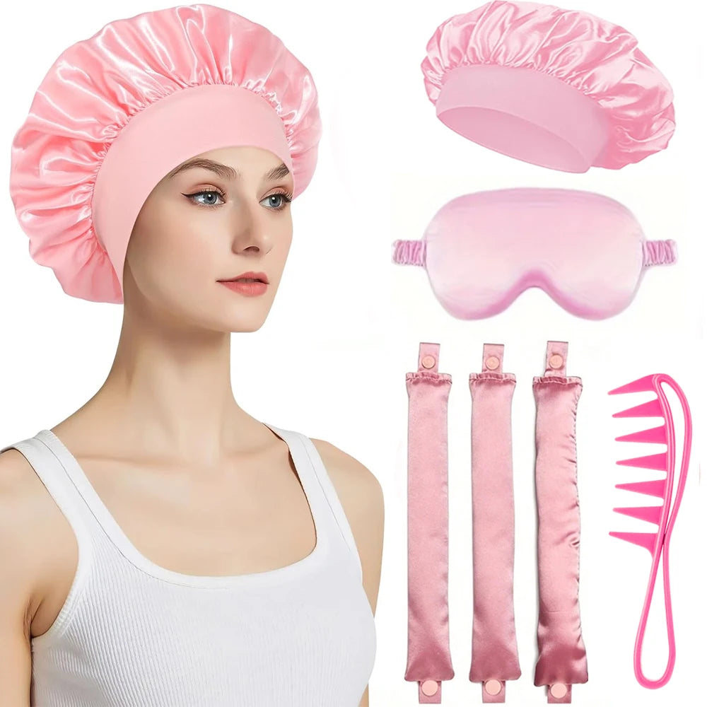 Set de Rizadores de Pelo Sin Calor | Kit para Rizos Perfectos Durante la Noche con Gorro de Satén, Coleteros y Pinzas para Cabello Largo y Mediano