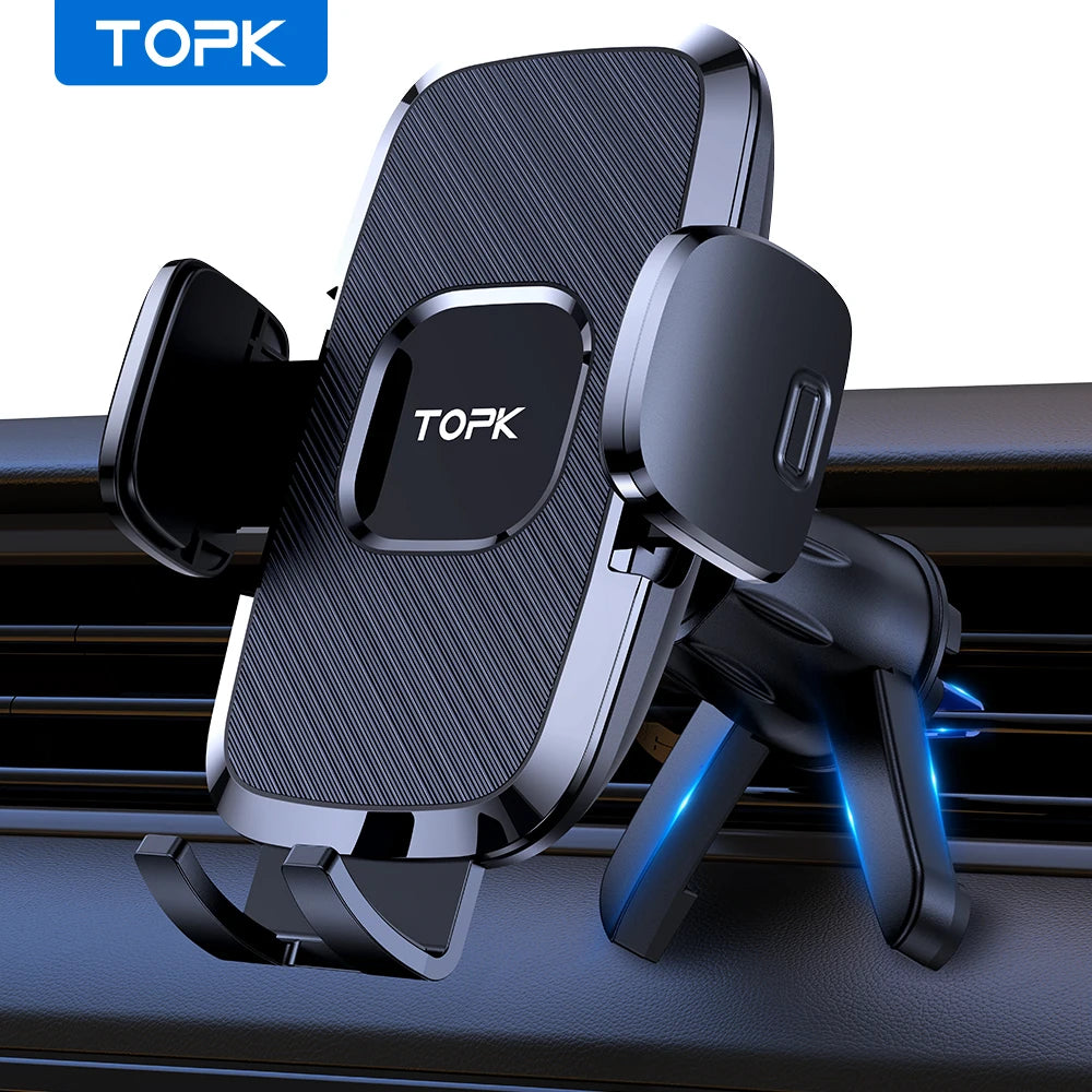 Soporte de Móvil para Coche TOPK con Mecanismo de Gravedad y Gancho de Aluminio Mejorado para Rejilla de Ventilación - Compatible con iPhone 15, 14, 13, 12, 11 Pro Max y Android
