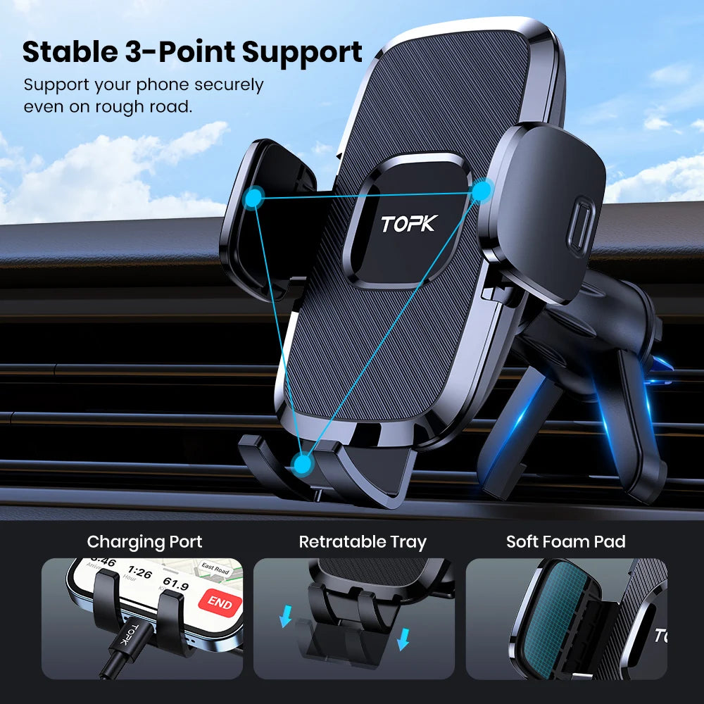 Soporte de Móvil para Coche TOPK con Mecanismo de Gravedad y Gancho de Aluminio Mejorado para Rejilla de Ventilación - Compatible con iPhone 15, 14, 13, 12, 11 Pro Max y Android